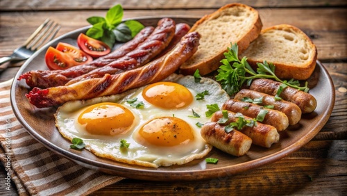 Savory arrangement of golden fried eggs, crispy bacon, juicy sausages, and toasted bread on a classic breakfast plate setup. photo