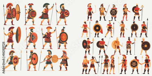 Characters from ancient Rome. Historic Roman Greek people, Gladiators auxiliary soldiers, Caesar's Hierarchy, Aristocrat Class, a recent modern illustration.