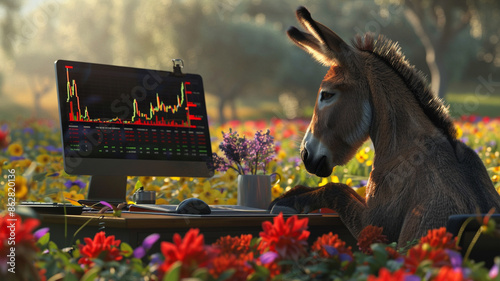 Photograph of a donkey in a field full of blooming flowers trading cryptocurrencies. Crypto