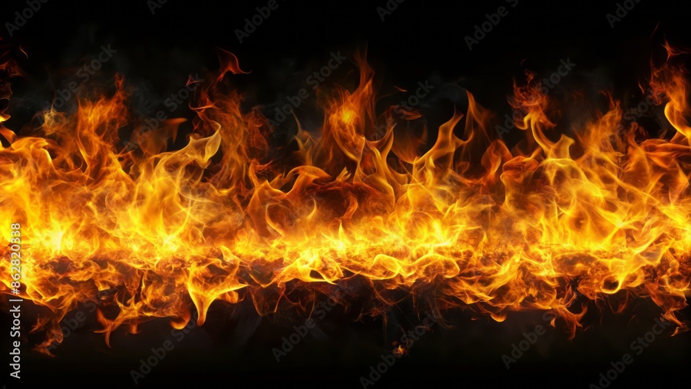 Intense horizontal line of fire flames engulfing the frame, illuminating the dark black background with vibrant orange and yellow hues. Intense horizontal line of fire flames engulfing the frame, illuminating the dark black background with vibrant orange and yellow hues.