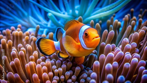 Vibrant orange clownfish swims amidst wavy tentacles of anemones, surrounded by a kaleidoscope of coral and sea anemones in blue waters. photo