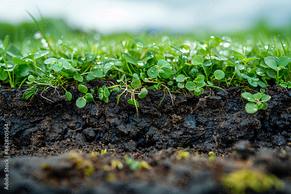 A close-up of a piece of land shows rich, dark soil with small green plants and grass growing on top, glistening with morning dew