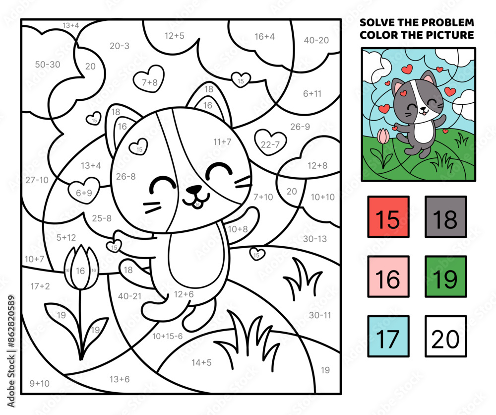 Fototapeta premium Solve the problem, color the picture. Happy black cat in love. Kitten. Coloring book. Vector