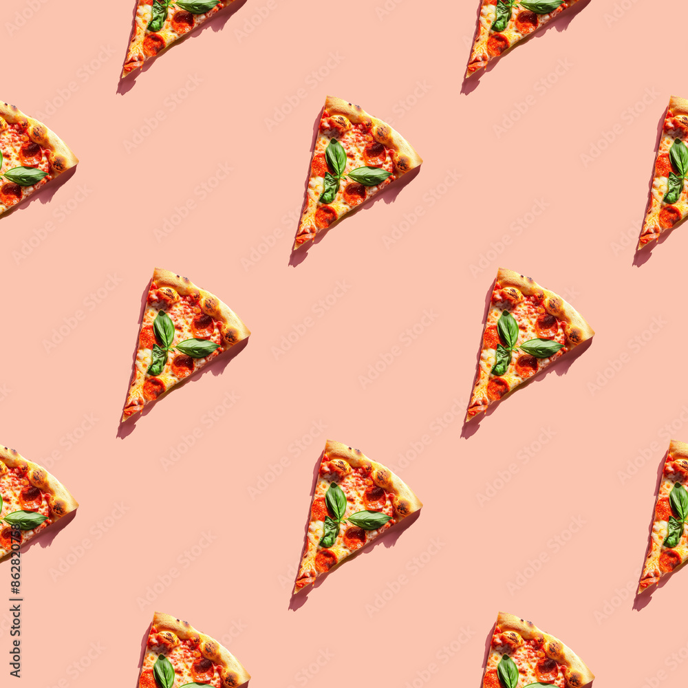 Seamless pattern made with slice of pizza on pink background. Flat lay composition with Italian pizza. Creative and trendy concept. 3d style print