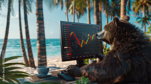 Photograph of a bear at a tropical beach trading cryptocurrencies. Crypto
