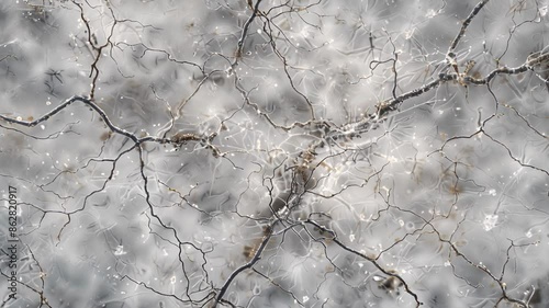 Higher magnification shows the complex morphology of interneurons with their numerous dendrites and axons extending into various regions of the brain. photo