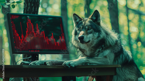 Photograph of a wolf in a park trading cryptocurrencies. Crypto