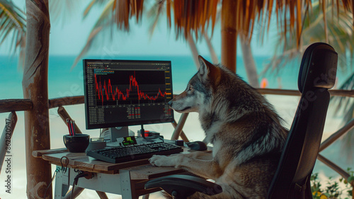 Photograph of a wolf at a tropical beach trading cryptocurrencies. Crypto