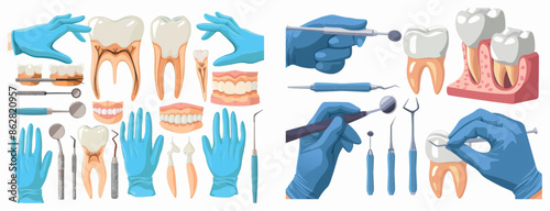 The dentist holds dental equipment and anesthesia in sterile gloves. The dentist holds a toothbrush as part of dental anesthesia.