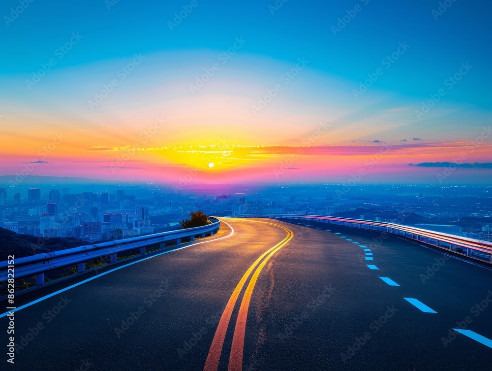 winding road through city at sunset with colorful sky. winding road through city at sunset with colorful sky.