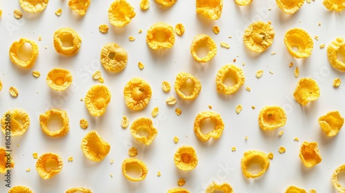 Crunchy corn flakes rings on light background 