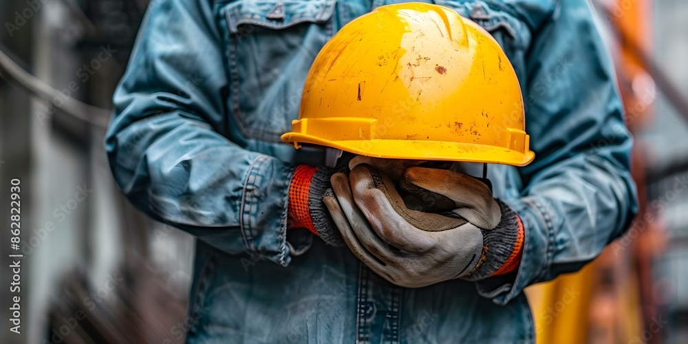 Promoting Occupational Safety and Health Construction Worker holding Helmet at Job Site. Concept Occupational Safety, Health Promotion, Construction Safety, Safety Practices, Helmet Usage Promoting Occupational Safety and Health Construction Worker holding Helmet at Job Site. Concept Occupational Safety, Health Promotion, Construction Safety, Safety Practices, Helmet Usage