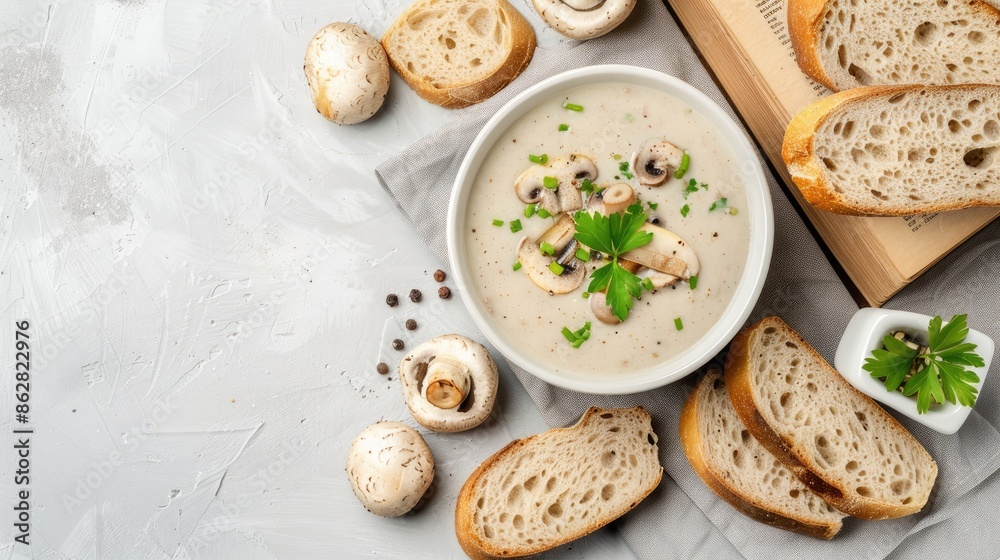 A bowl of creamy mushroom soup with toasted bread and fresh parsley A bowl of creamy mushroom soup with toasted bread and fresh parsley