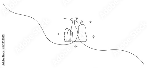 One continuous line drawing of cleaning service and detergent products. Household tools and bottle spray concept in simple linear style. Fresh washing and dry cleaning. Doodle vector illustration