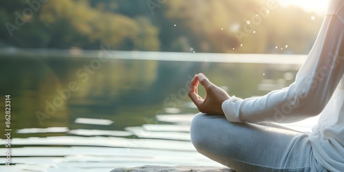 Person peacefully reflecting and expressing gratitude in serene natural setting. Concept Gratitude, Reflection, Nature, Peaceful, Serene