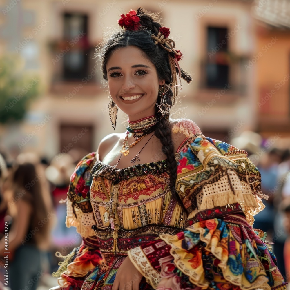 a woman in a colorful dress of the Valencian community in Spain with flowers in her hair is smiling . High quality a woman in a colorful dress of the Valencian community in Spain with flowers in her hair is smiling . High quality