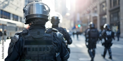 Patrol Officers in Full Gear Monitoring a City Street. Concept Police Officers, City Patrol, Law Enforcement, Urban Surveillance, Public Safety © Anastasiia