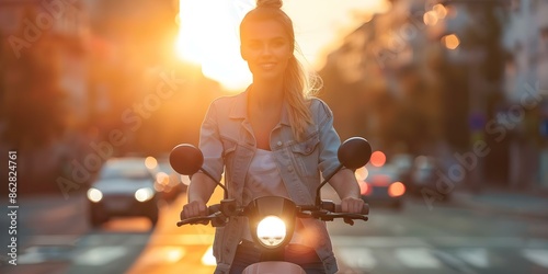 Young woman on electric scooter in city at sunset. Concept City Lifestyle, Sunset Vibes, Electric Scooter, Urban Exploration, Young Woman