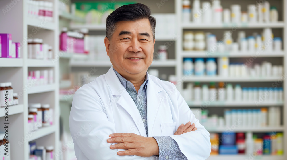 A man in a white lab coat stands in front of a pharmacy with a smile on his face A man in a white lab coat stands in front of a pharmacy with a smile on his face