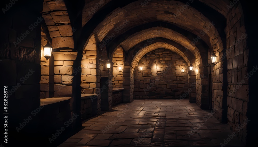 Fototapeta premium Dark dungeon tunnel of a medieval castle, dark underground corridor in the dungeon. Generative AI, Generative, AI