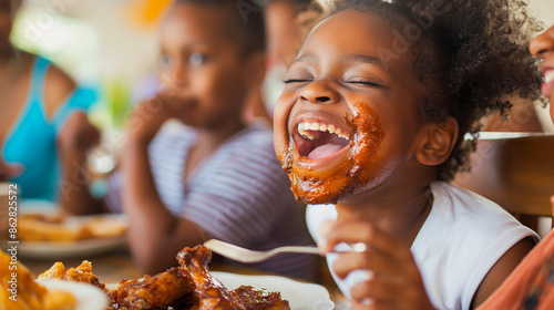 Family enjoying homemade BBQ chicken wings together during an indoor weekend lunch, kids giggling as they get messy faces.
