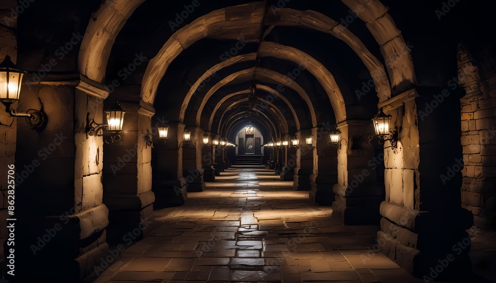 Dark dungeon tunnel of a medieval castle, dark underground corridor in the dungeon. Generative AI, Generative, AI Dark dungeon tunnel of a medieval castle, dark underground corridor in the dungeon. Generative AI, Generative, AI