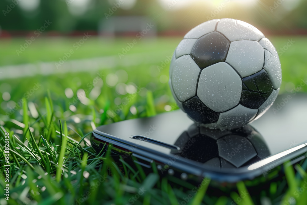 Fototapeta premium Soccer ball resting on a smartphone on a grass field