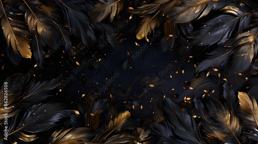 Fototapeta premium luxury black and gold background with golden feathers