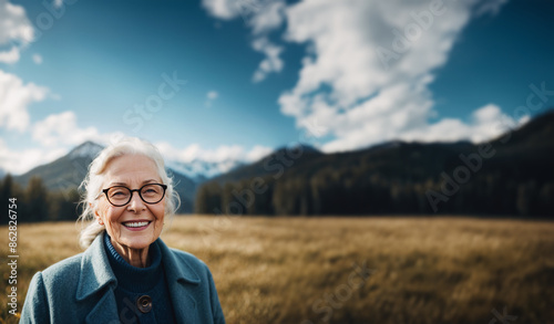 Close-up portrait of gorgeous happy senior lady. Highly detailed image.