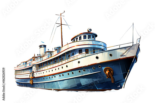 A small white motor ship is sailing on a wide river Isolated on transparent background