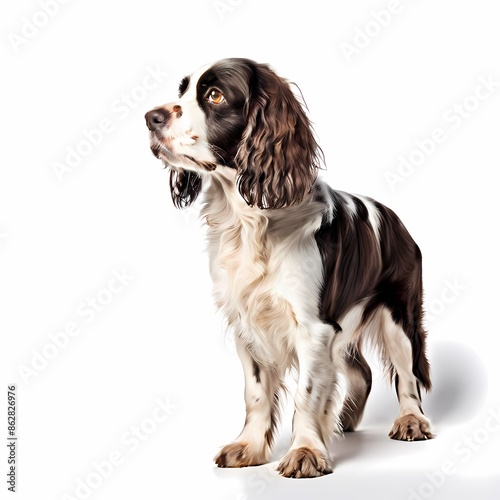 English springer spaniel dog breed standing against white background, AI Generated