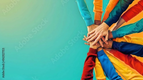 A vibrant image of diverse hands stacked together, symbolizing teamwork, collaboration, and unity against a bright background.
 photo