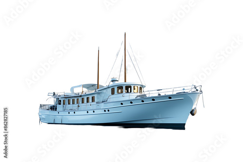 A small white motor ship is sailing on a wide river Isolated on transparent background