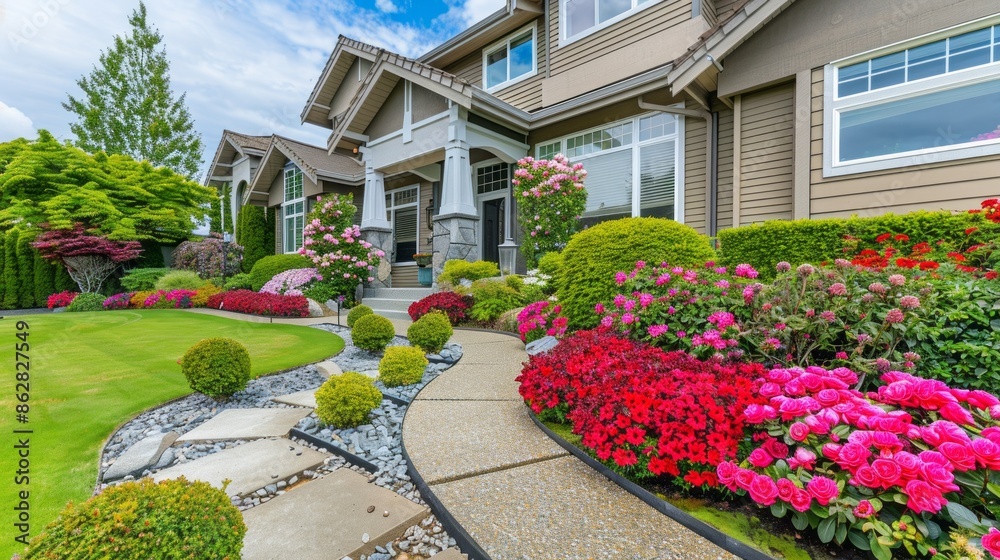 Obraz premium A house with a beautiful garden in front of it