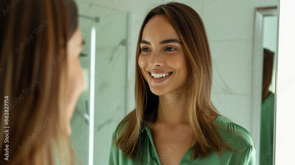 Portrait of a woman smiling looking at mirror. Portrait of a woman smiling looking at mirror.