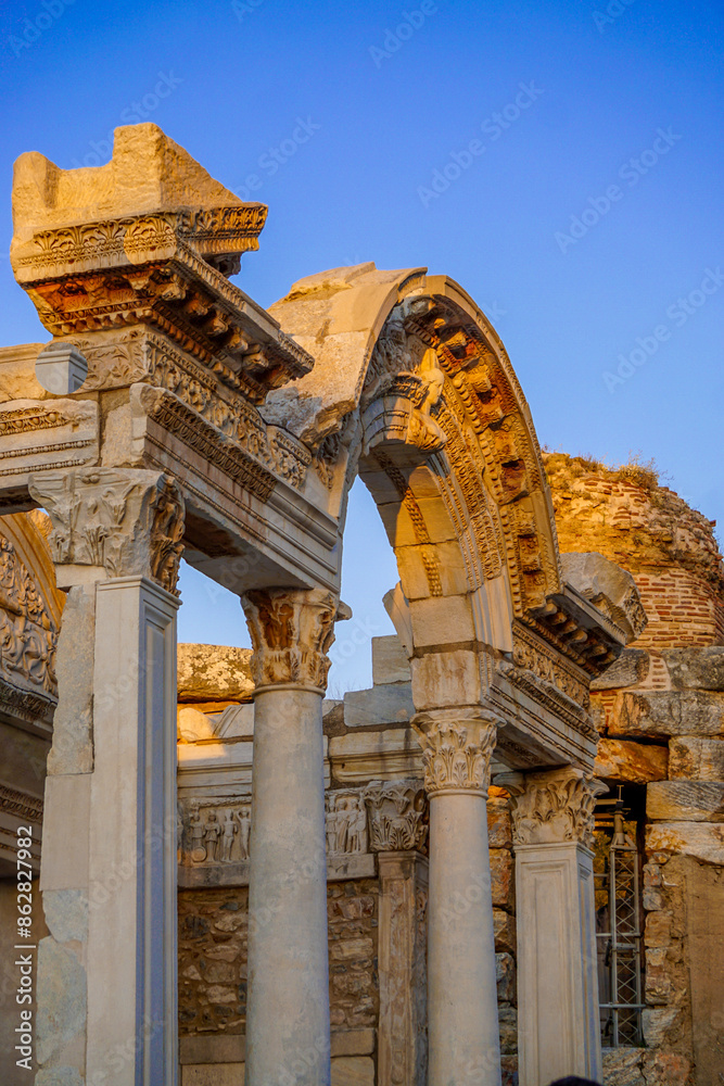 20 June 2024 Selcuk Izmir Turkey. Ephesus Efes antique city with library theatre and artcitectural details at sunset