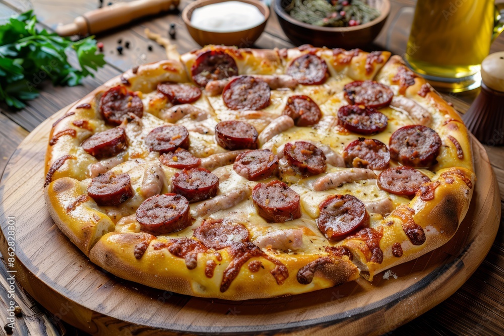 a classic italian pizza on a thin crust with toppings like pepperoni, mushrooms, and melted cheese, served on a wooden pizza peel, embodying the traditional pizzeria concept