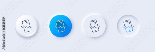 Smartphone waterproof line icon. Neumorphic, Blue gradient, 3d pin buttons. Phone sign. Mobile device symbol. Line icons. Neumorphic buttons with outline signs. Vector