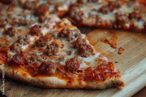 a classic italian pizza on a thin crust with toppings like pepperoni, mushrooms, and melted cheese, served on a wooden pizza peel, embodying the traditional pizzeria concept photo