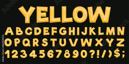Yellow playful alphabet in Y2K style. 3D rendering of plump letters, plastic glossy reflective texture. Vector illustration.