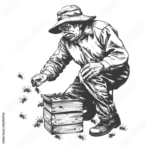 Engraved Beekeeper Tending Hive: Vintage Illustration of a Stoic Apiarist with Bees.
