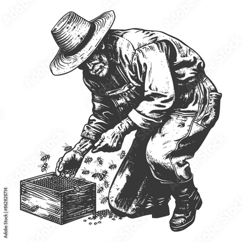 Engraved Beekeeper: Kneeling Man Tending Bees & Hive, Straw Hat, Boots, Graphic Illustration