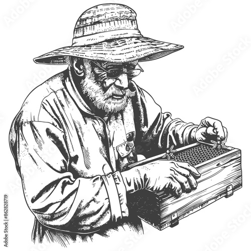 Engraving: Beekeeper with Straw Hat and Honeycomb Frame, Detailed Vintage Illustration