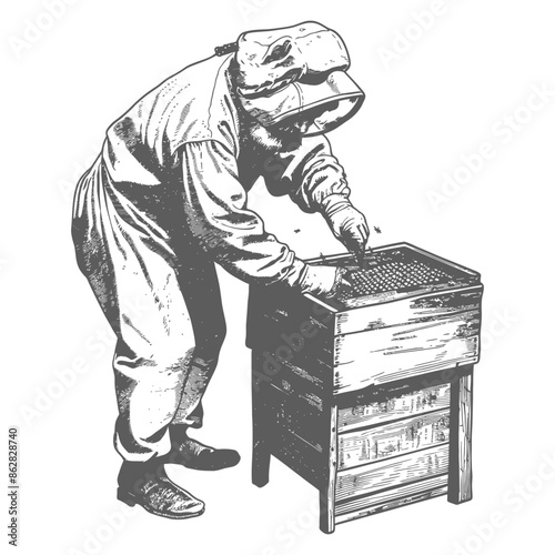 Vintage Beekeeper Inspecting Hive, Engraved Illustration