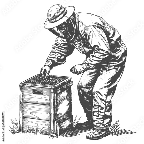Beekeeper Tending Hive: Hand-Drawn Illustration, Protective Suit, Honeycomb Inspection.