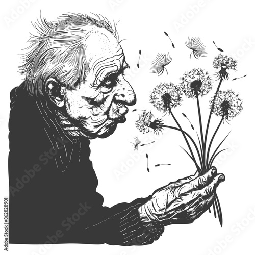 Elderly Whimsy: Ink Drawing of Old Man Blowing Dandelion Seeds.