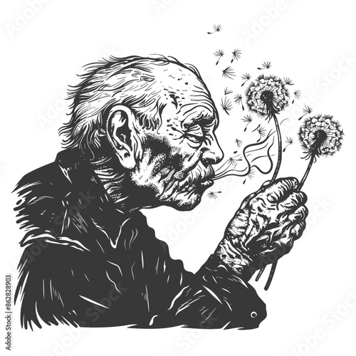 Etched Elder Blowing Dandelion Seeds, Wrinkled Hands, Monochromatic Hope.