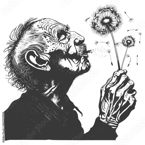 Aging Wisdom: Ink Sketch of Elderly Man Blowing Dandelion Seeds.