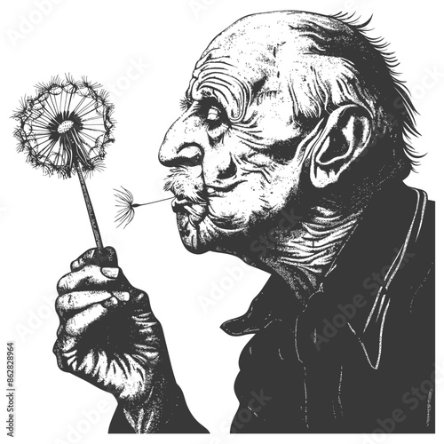 Elderly Man Blowing Dandelion Seeds, Intricate Ink Illustration, Symbol of Fleeting Time and Wishes.