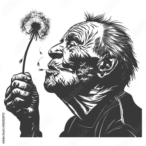 Elderly Man Blowing Dandelion Seeds, Detailed Black and White Illustration